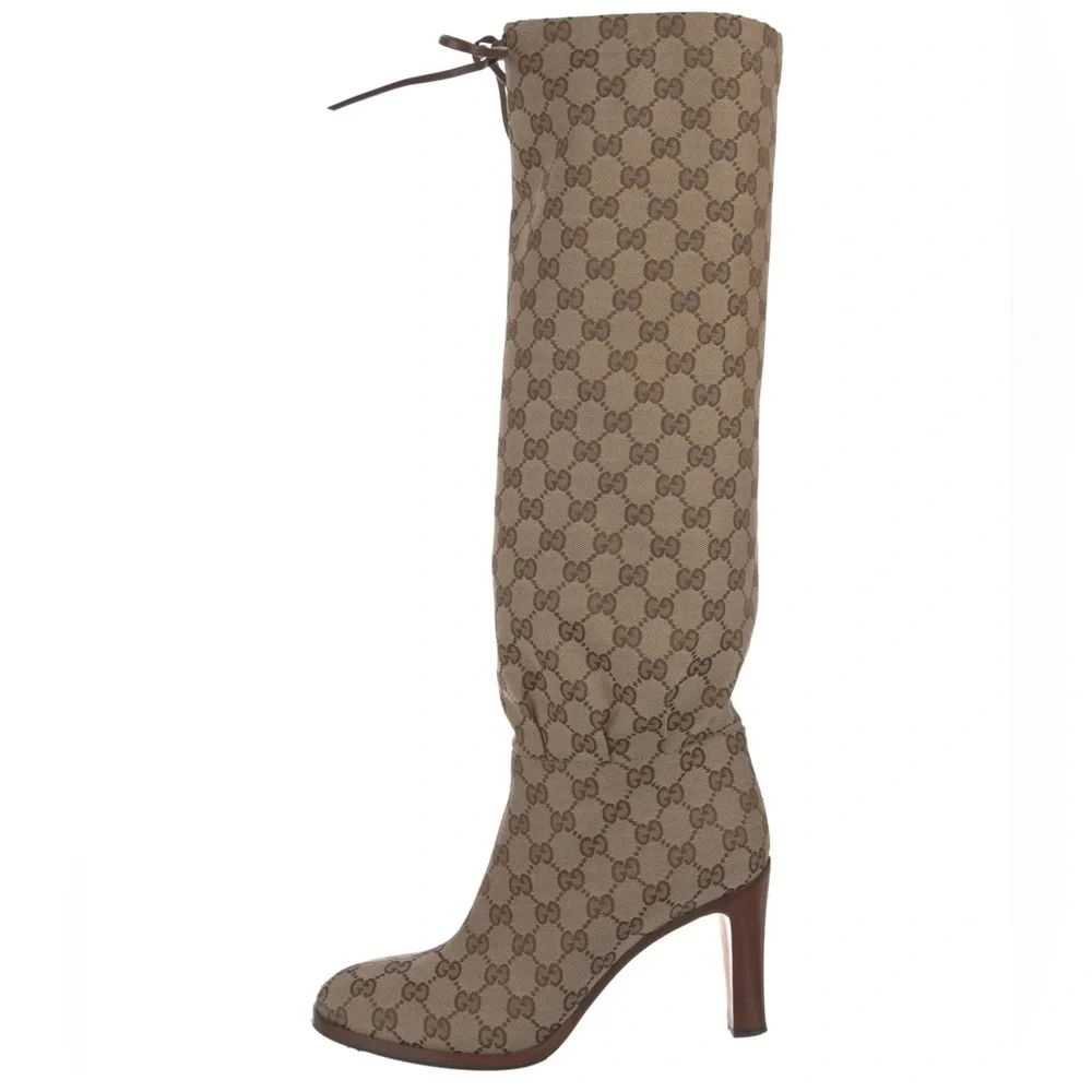 Gucci Brown Monogram Heeled Boots - Picture 1 of 6
